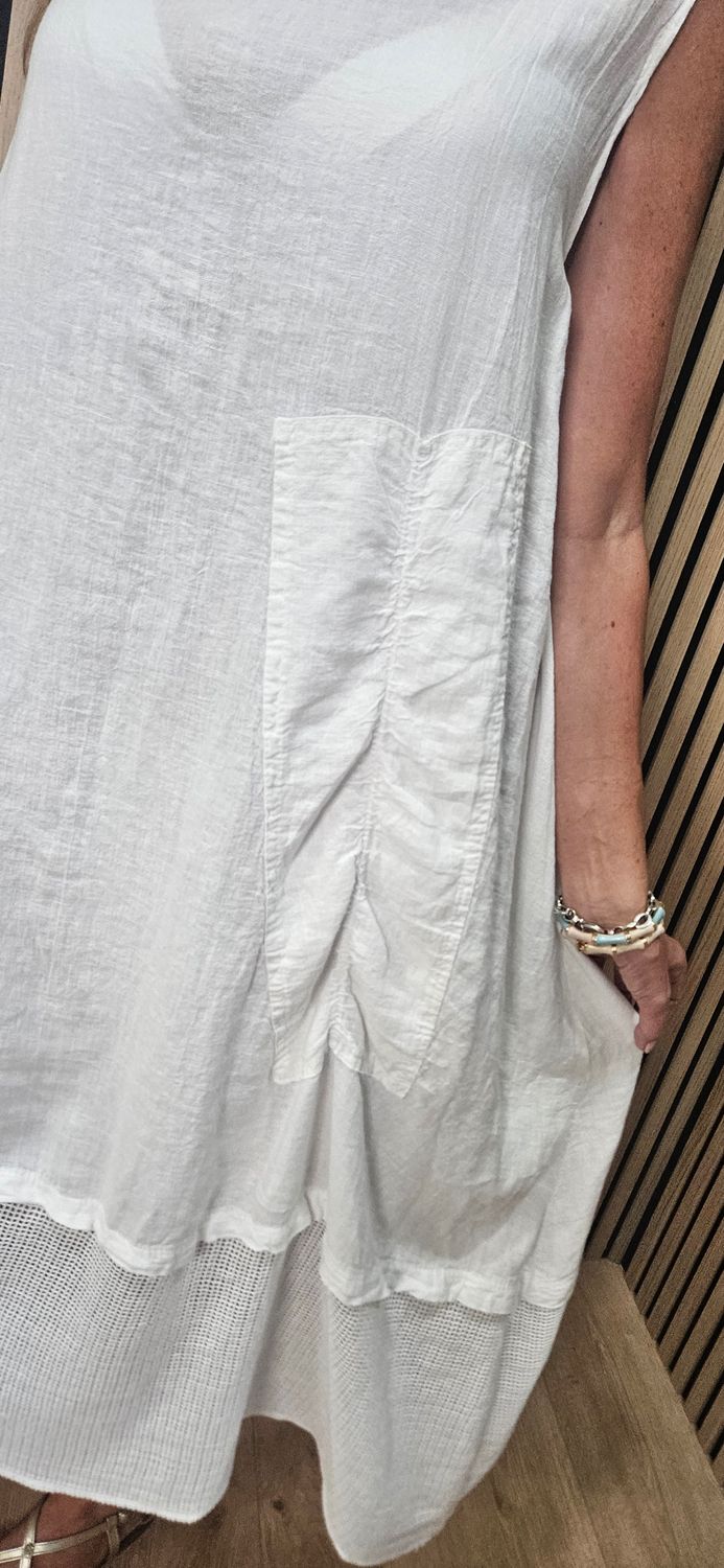 Linen Blend Layered Pocket Dress – White