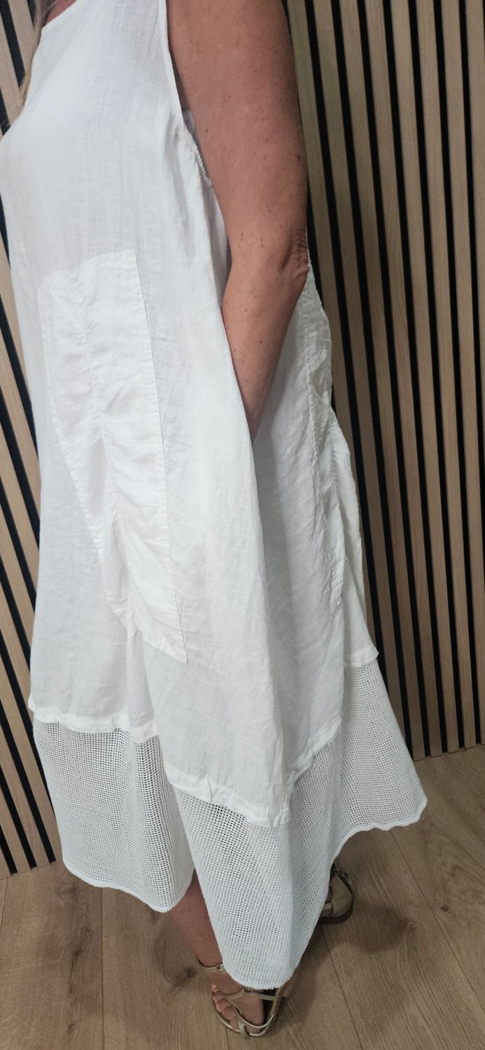 Linen Blend Layered Pocket Dress – White