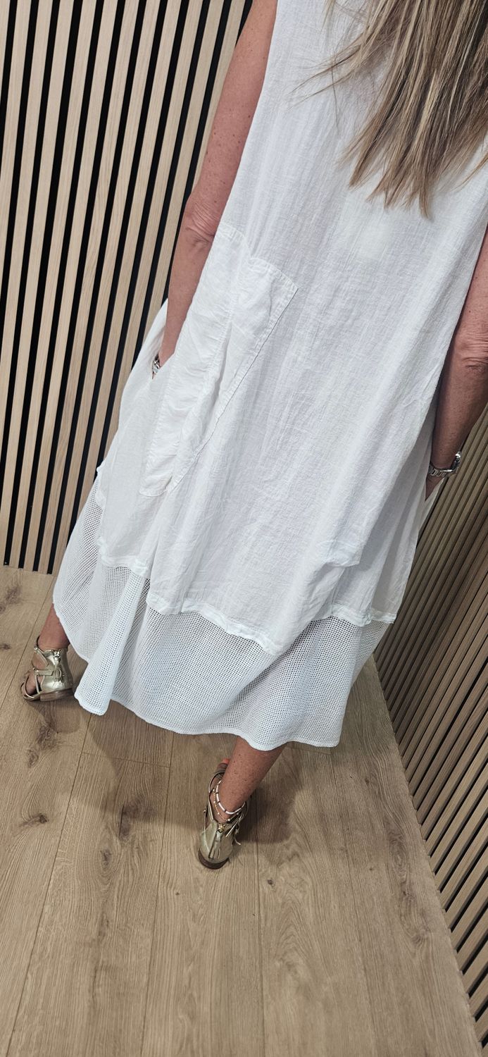 Linen Blend Layered Pocket Dress – White