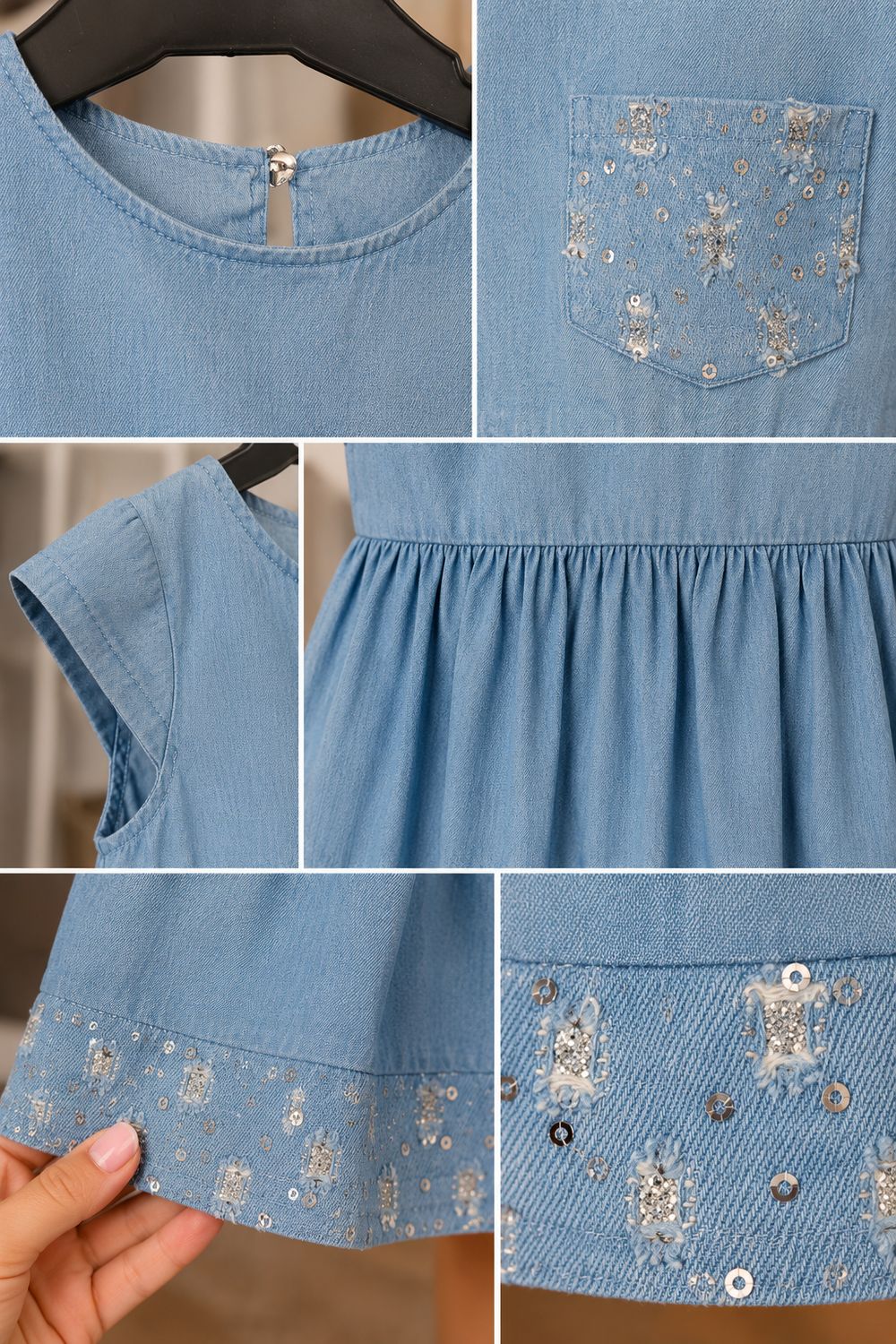 Sequin Pocket Denim Dress