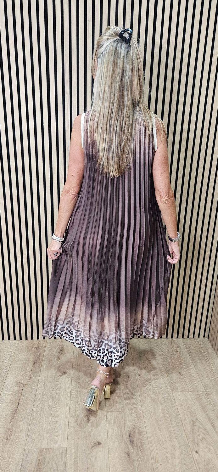 Pleated Leopard Border Maxi Dress – Chocolate