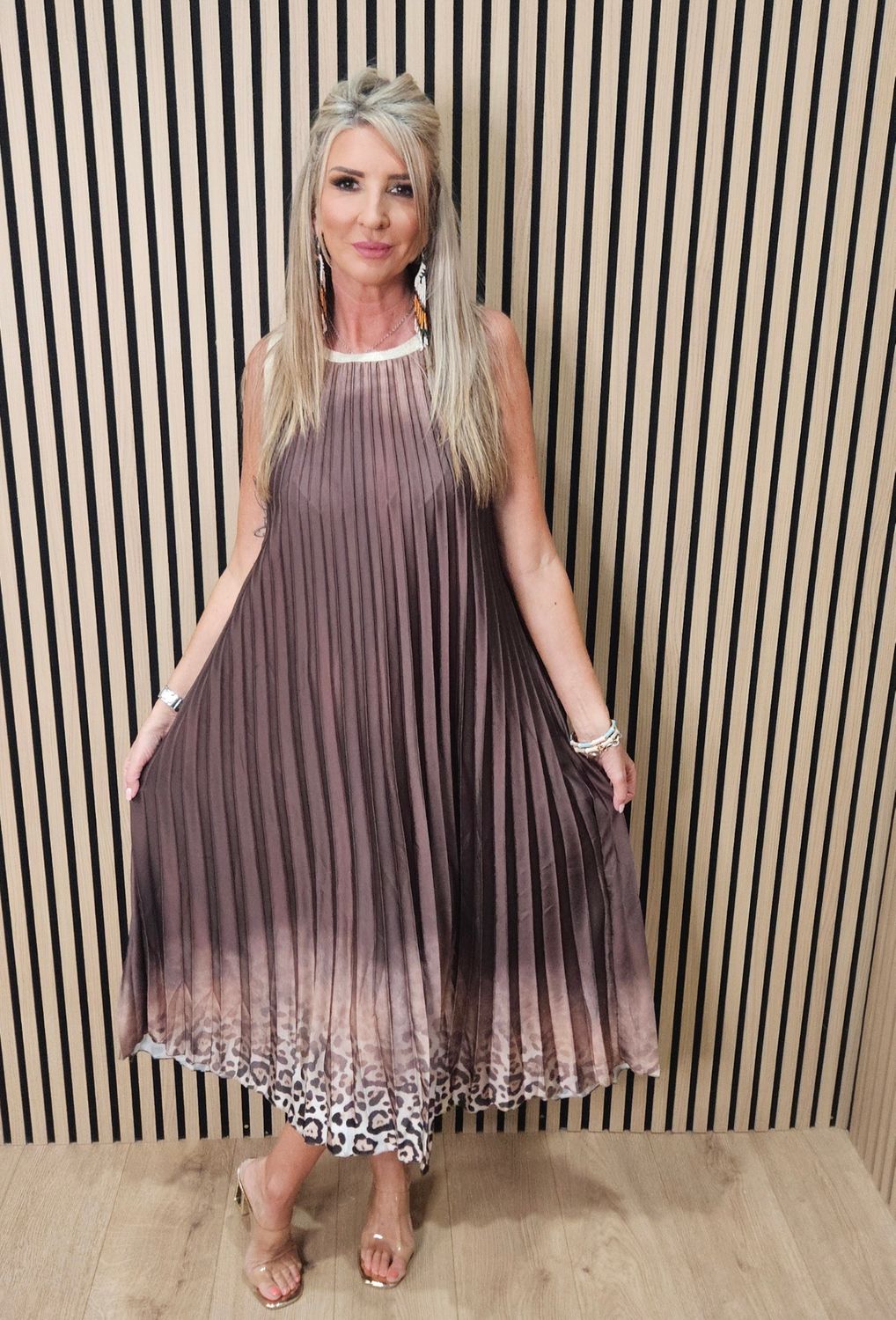 Pleated Leopard Border Maxi Dress – Chocolate