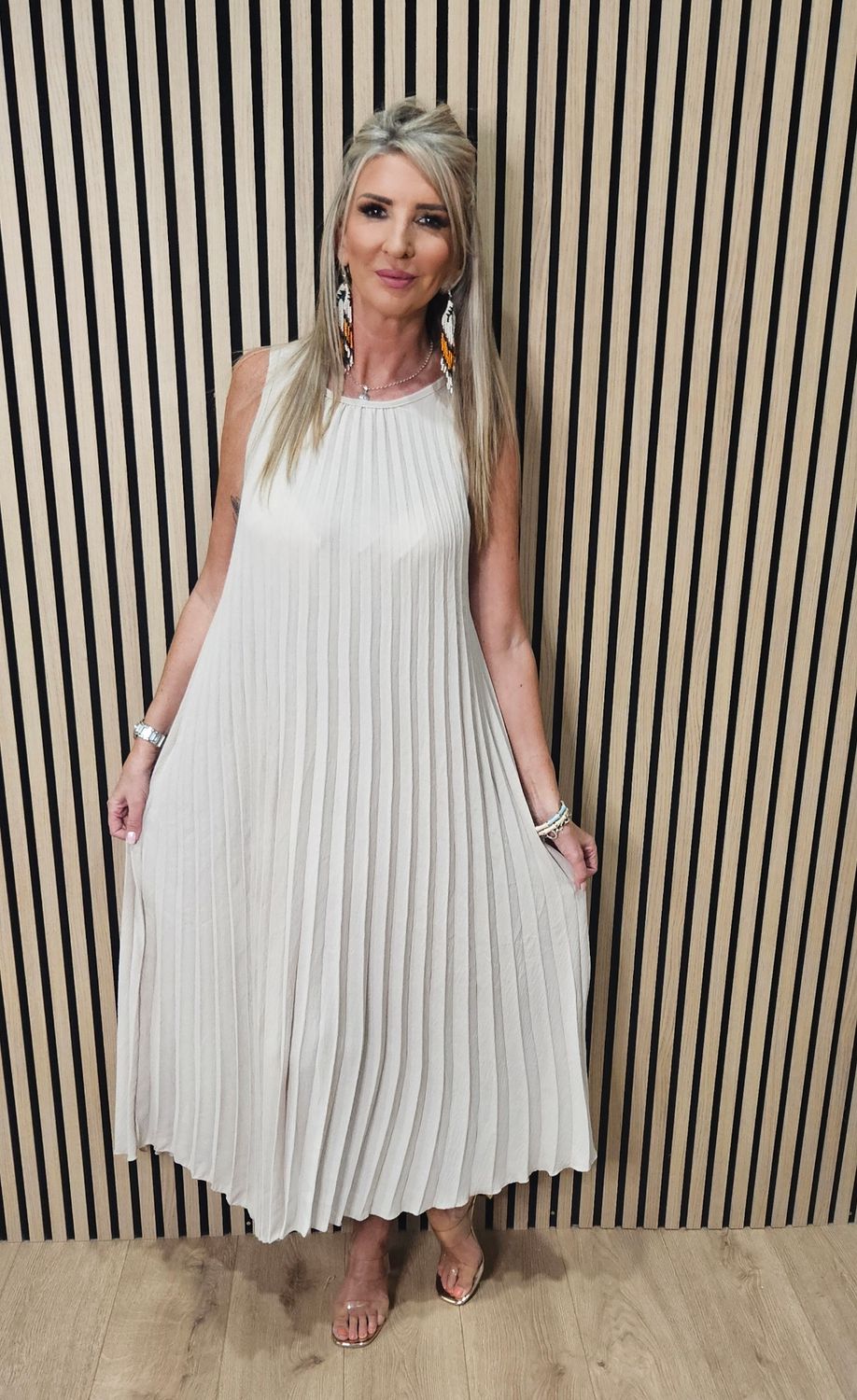 Pleated Bow Back Maxi Dress – Stone