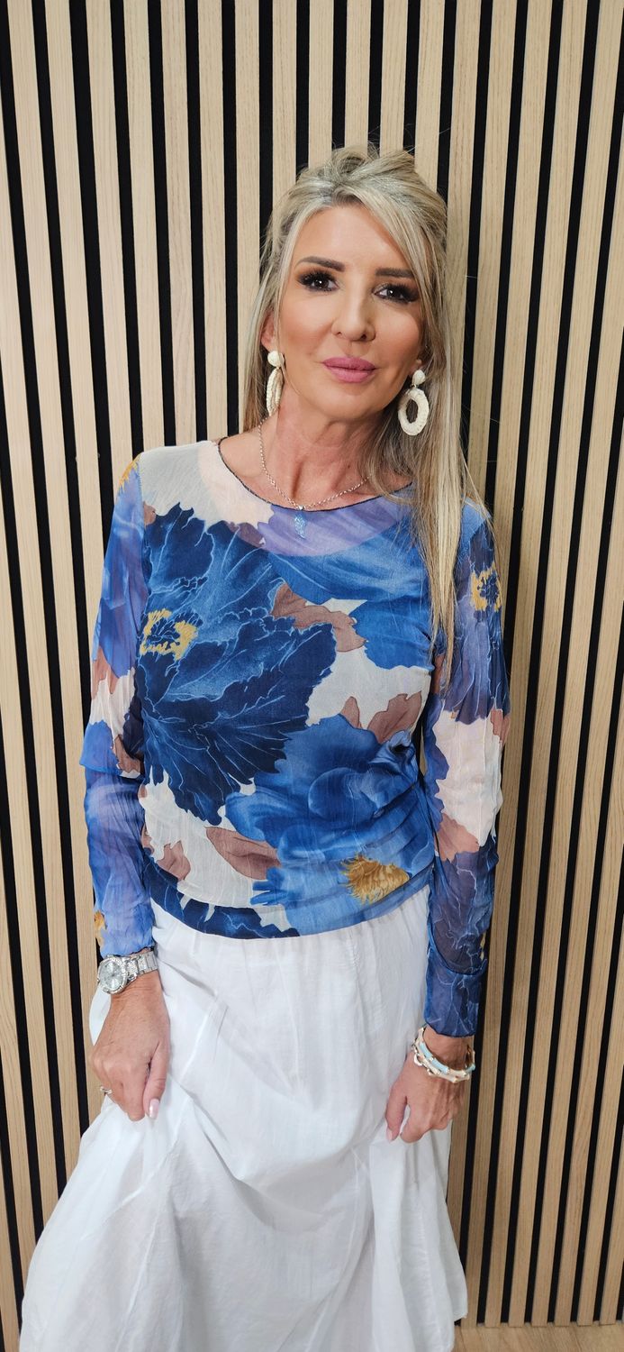 Printed Mesh Layered Top – Blue/White