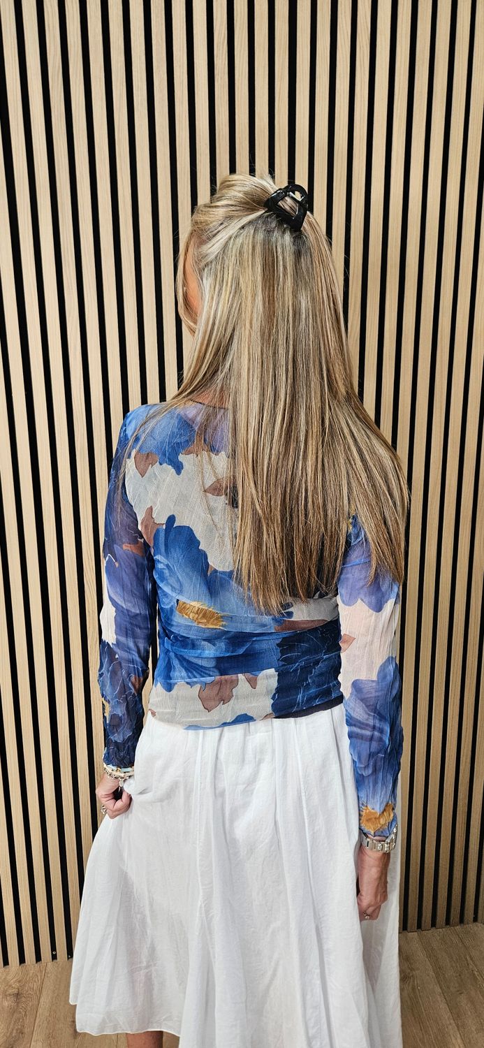 Printed Mesh Layered Top – Blue/White