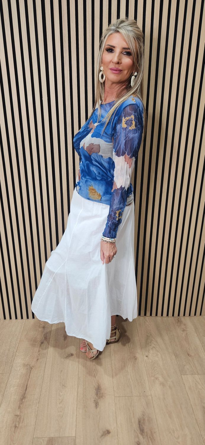 Printed Mesh Layered Top – Blue/White