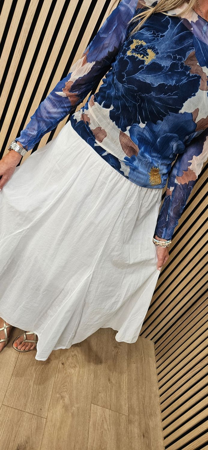 Printed Mesh Layered Top – Blue/White