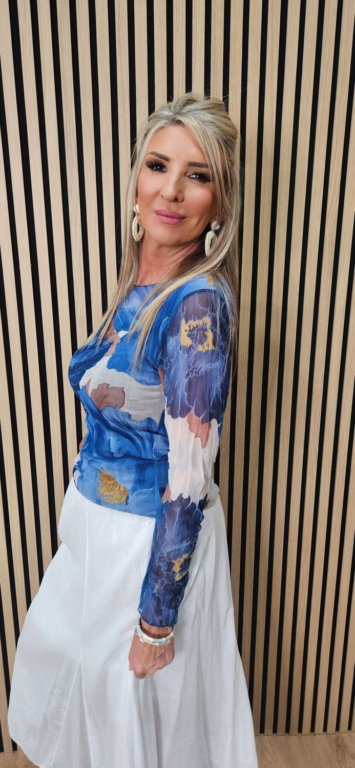 Printed Mesh Layered Top – Blue/White