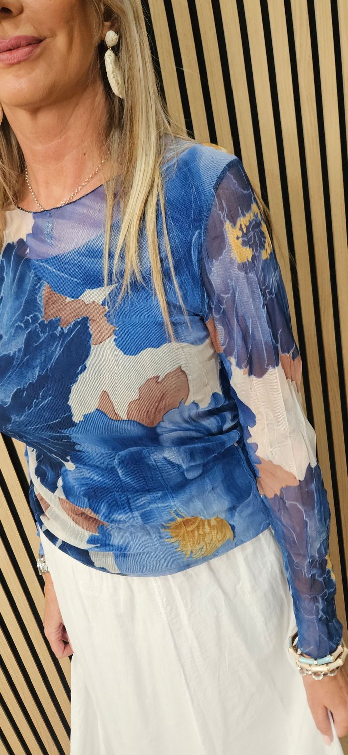 Printed Mesh Layered Top – Blue/White