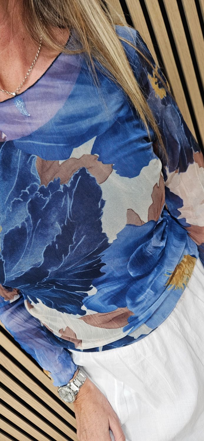 Printed Mesh Layered Top – Blue/White