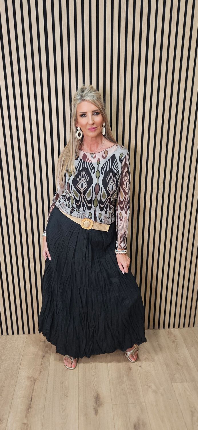Crinkle Cotton Maxi Skirt with Belt – Black