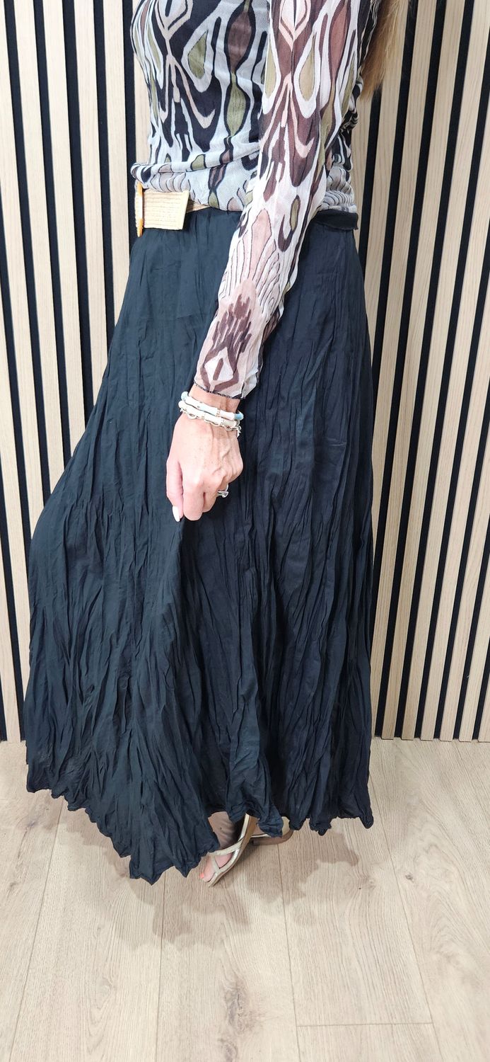 Crinkle Cotton Maxi Skirt with Belt – Black