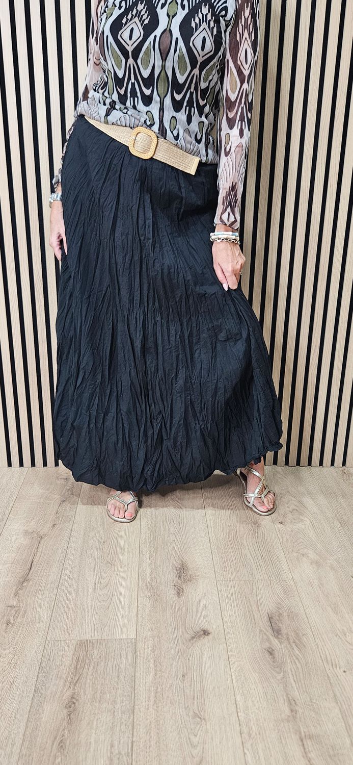 Crinkle Cotton Maxi Skirt with Belt – Black
