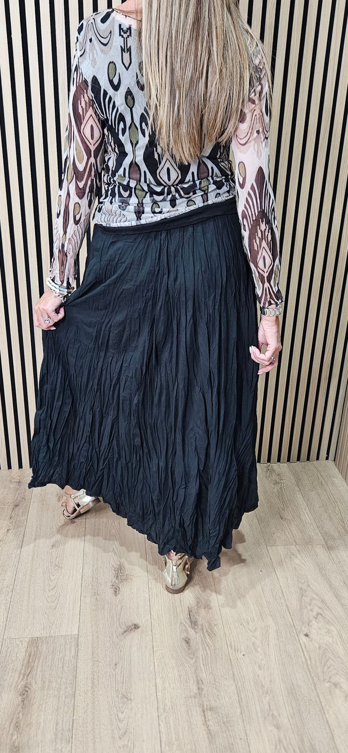 Crinkle Cotton Maxi Skirt with Belt – Black
