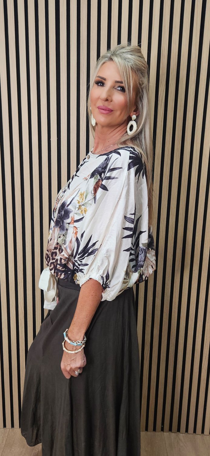 Tropical Print Tie Front Blouse