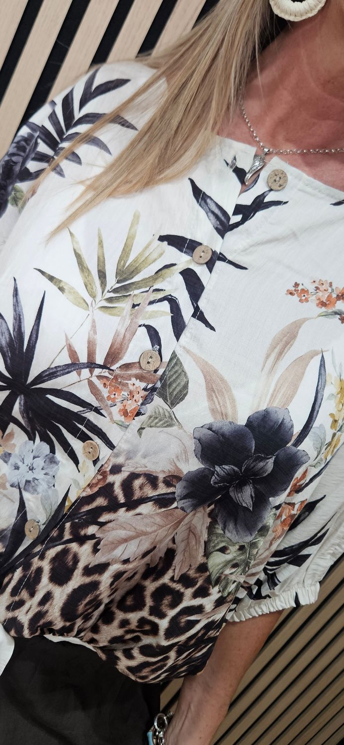 Tropical Print Tie Front Blouse