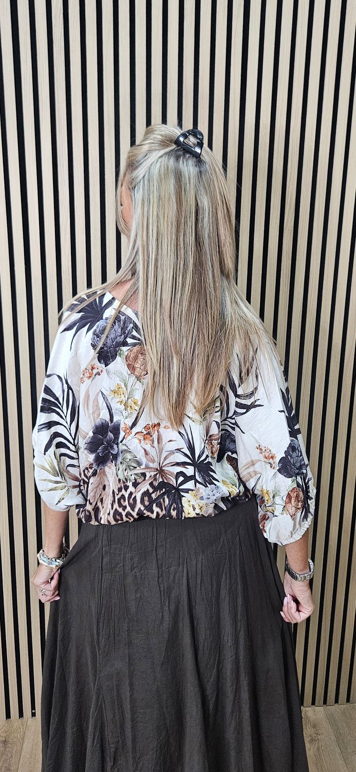 Tropical Print Tie Front Blouse