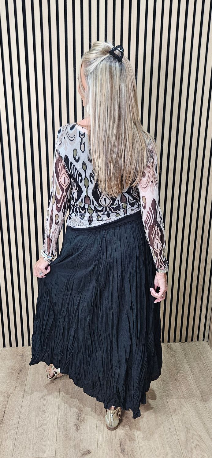 Printed Mesh Layered Top - Black/Brown