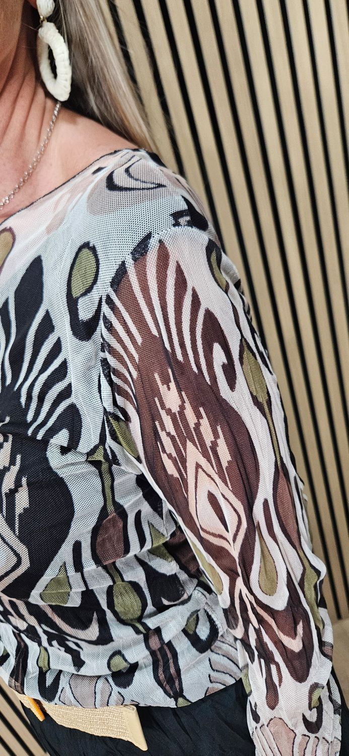Printed Mesh Layered Top - Black/Brown