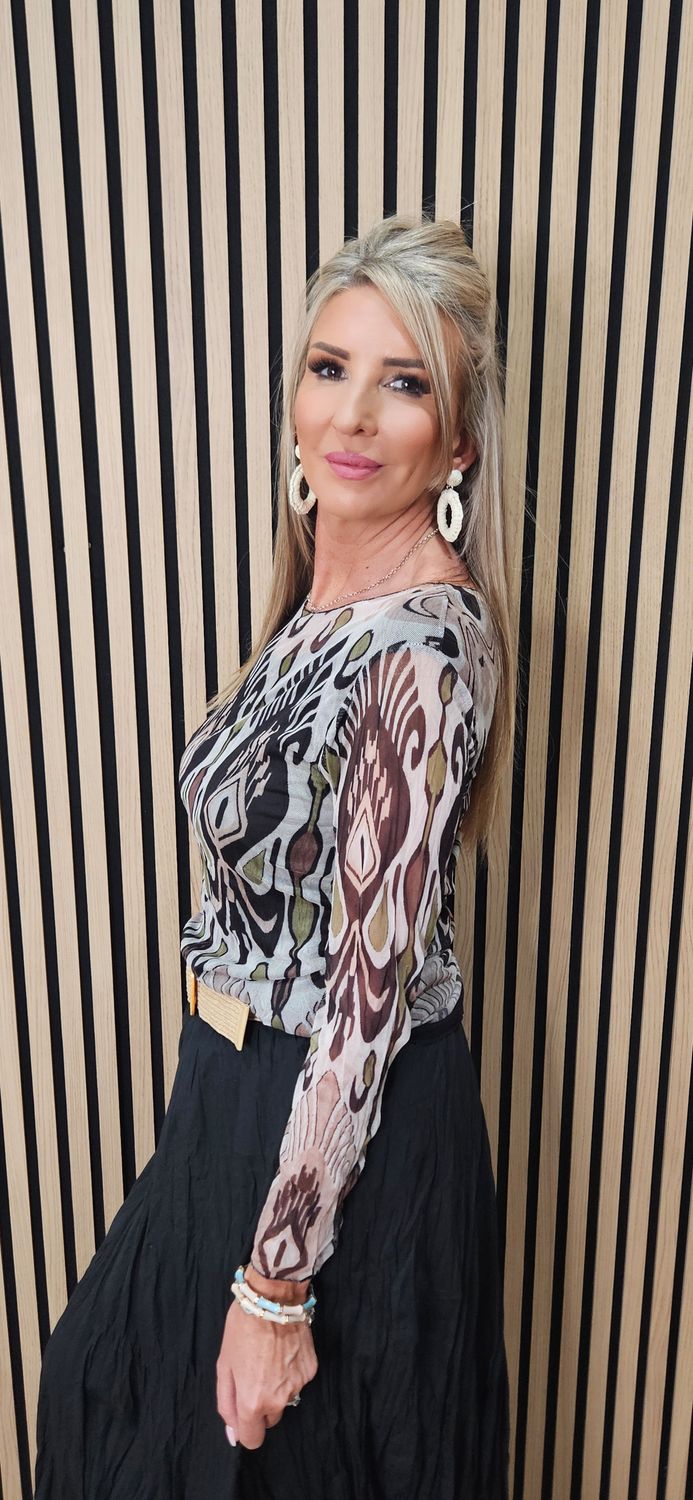 Printed Mesh Layered Top - Black/Brown