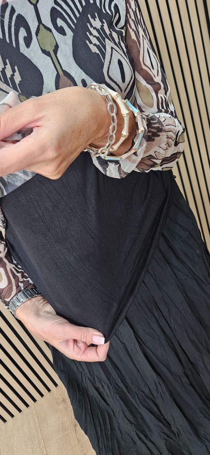Printed Mesh Layered Top - Black/Brown