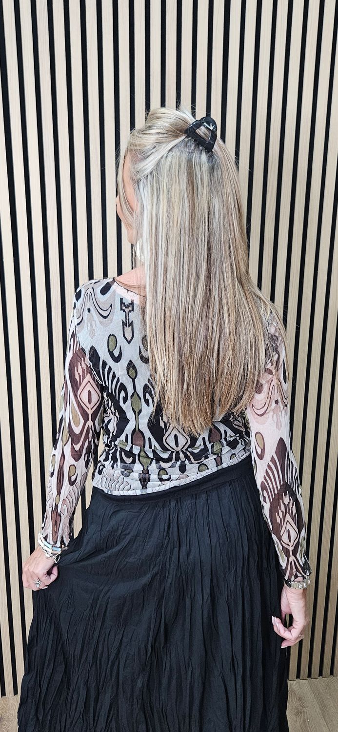Printed Mesh Layered Top - Black/Brown