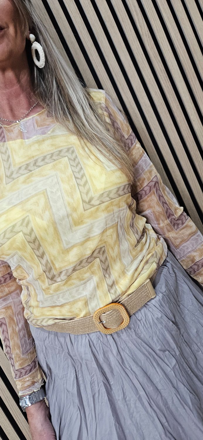 Printed Mesh Layered Top - Yellow/Grey