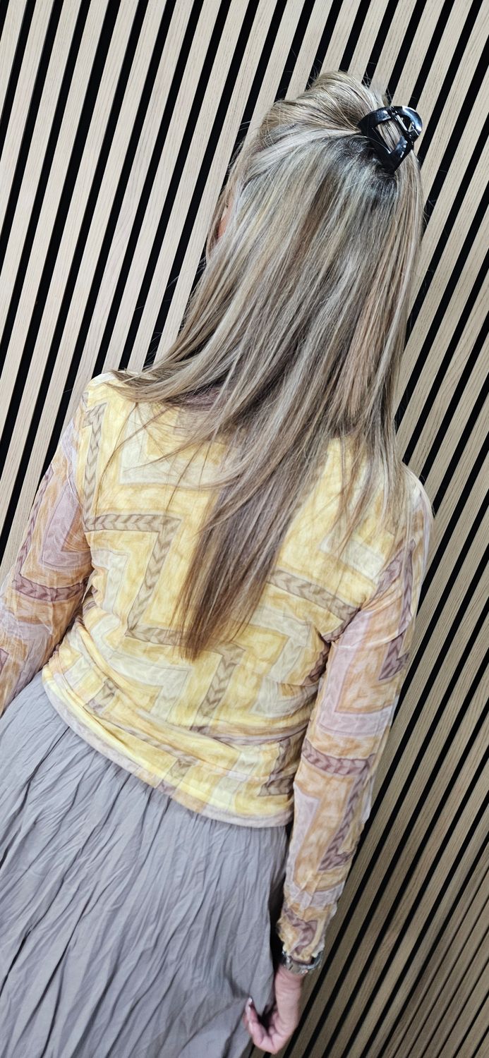 Printed Mesh Layered Top - Yellow/Grey