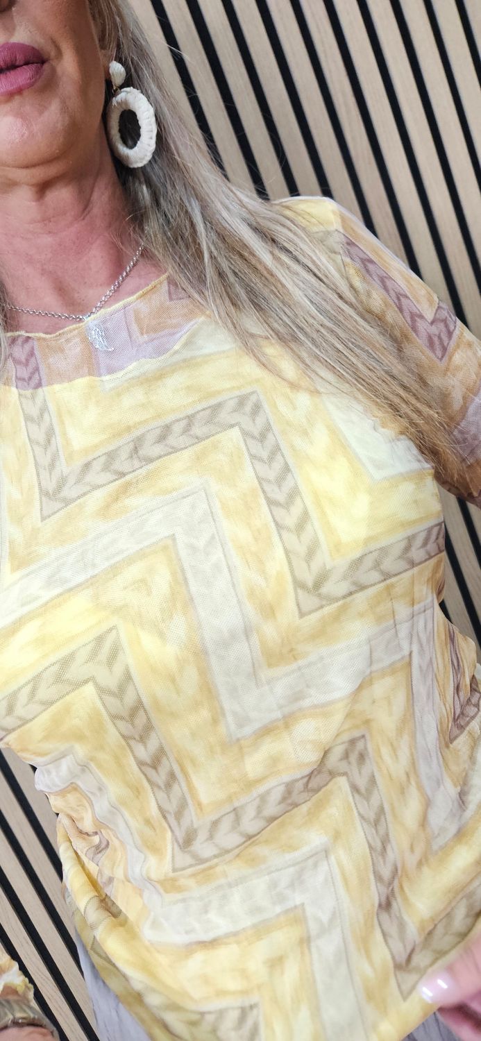 Printed Mesh Layered Top - Yellow/Grey