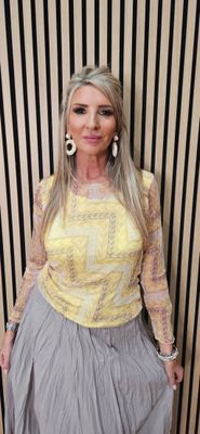 Printed Mesh Layered Top - Yellow/Grey