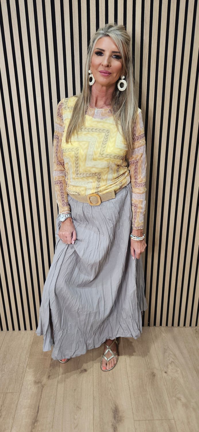 Printed Mesh Layered Top - Yellow/Grey