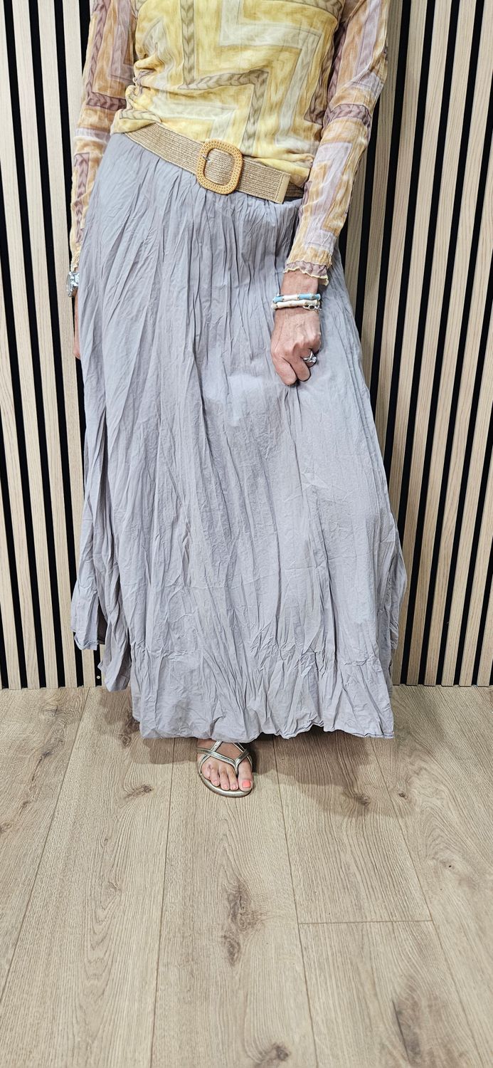 Crinkle Cotton Maxi Skirt with Belt – Taupe