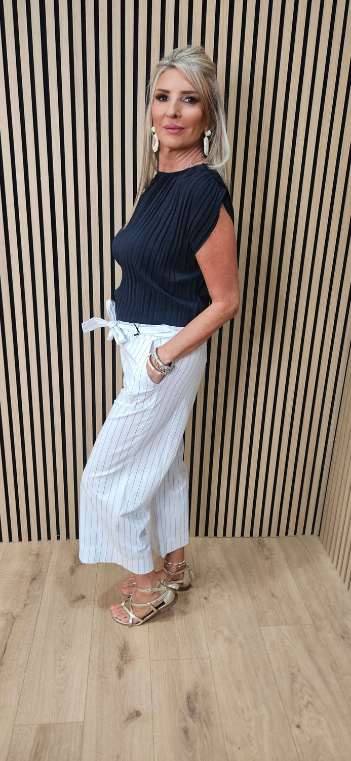Pinstripe Cotton Crop Trousers – White