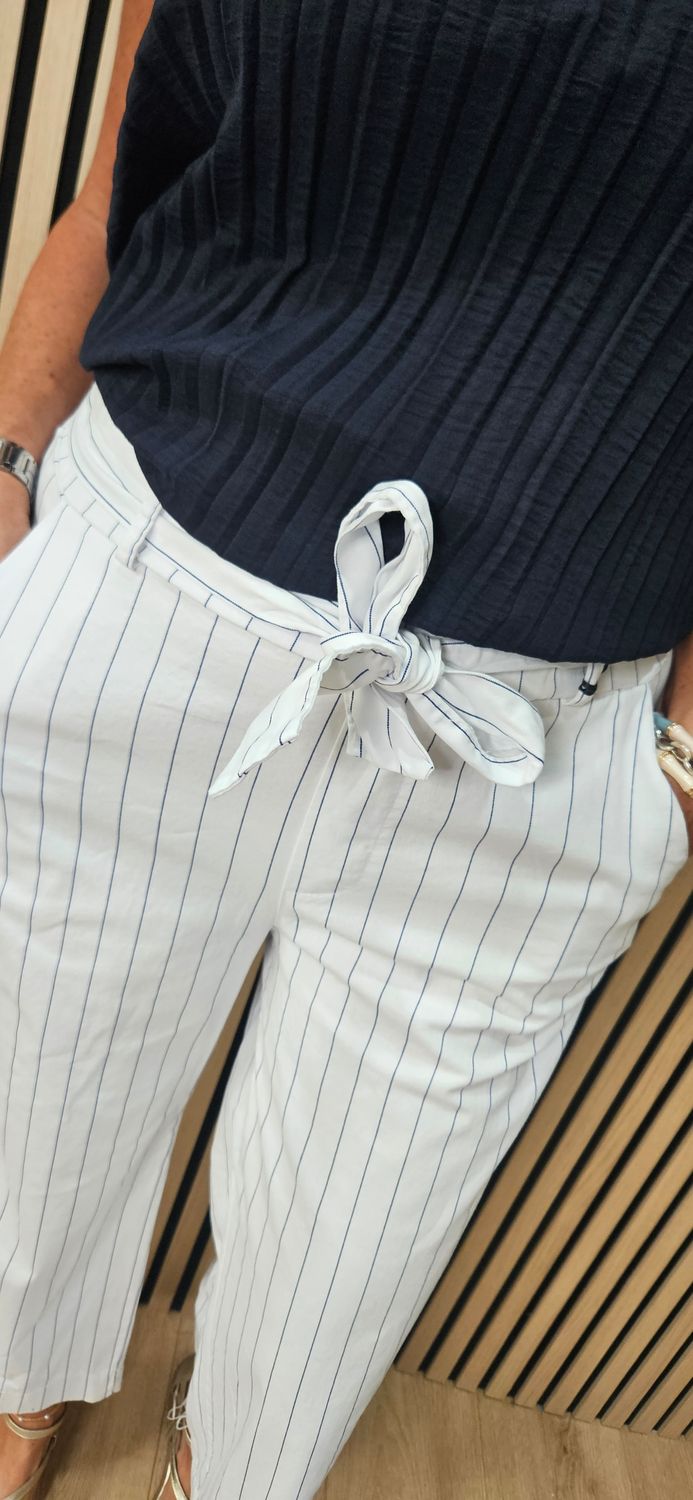 Pinstripe Cotton Crop Trousers – White
