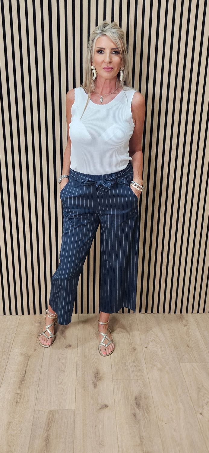 Pinstripe Cotton Crop Trousers - Navy
