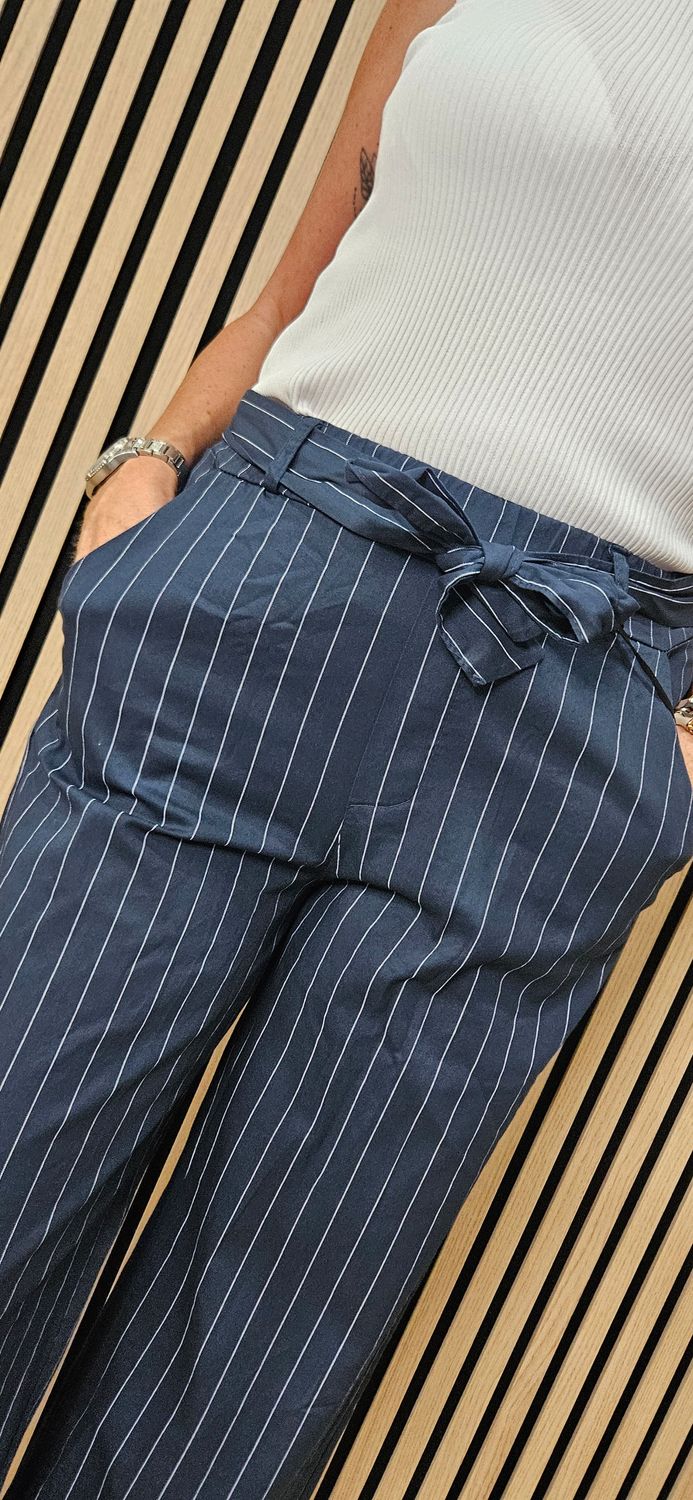 Pinstripe Cotton Crop Trousers - Navy