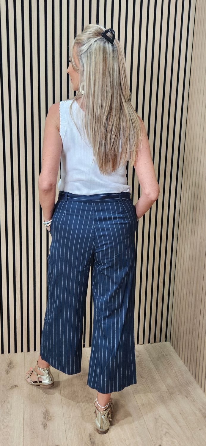 Pinstripe Cotton Crop Trousers - Navy