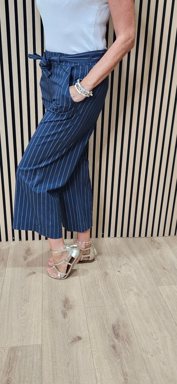 Pinstripe Cotton Crop Trousers - Navy