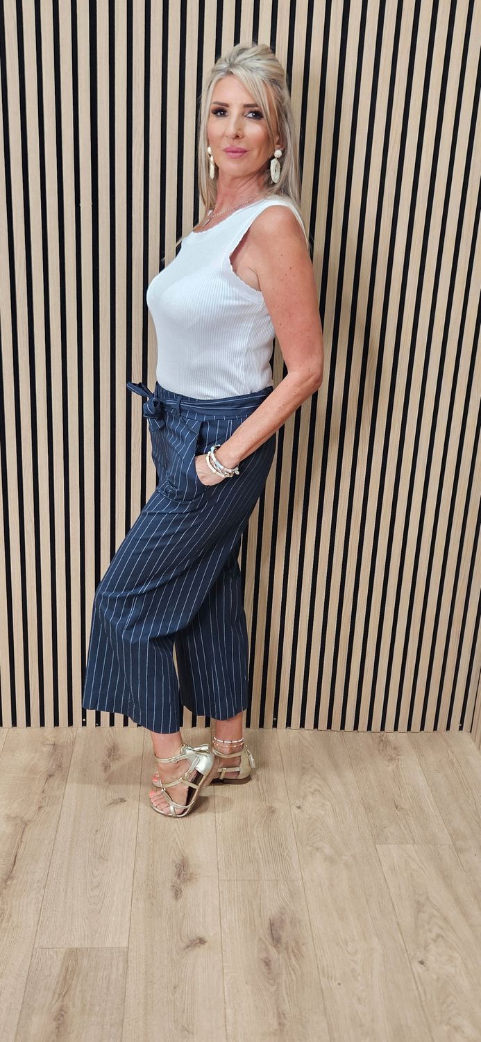 Pinstripe Cotton Crop Trousers - Navy