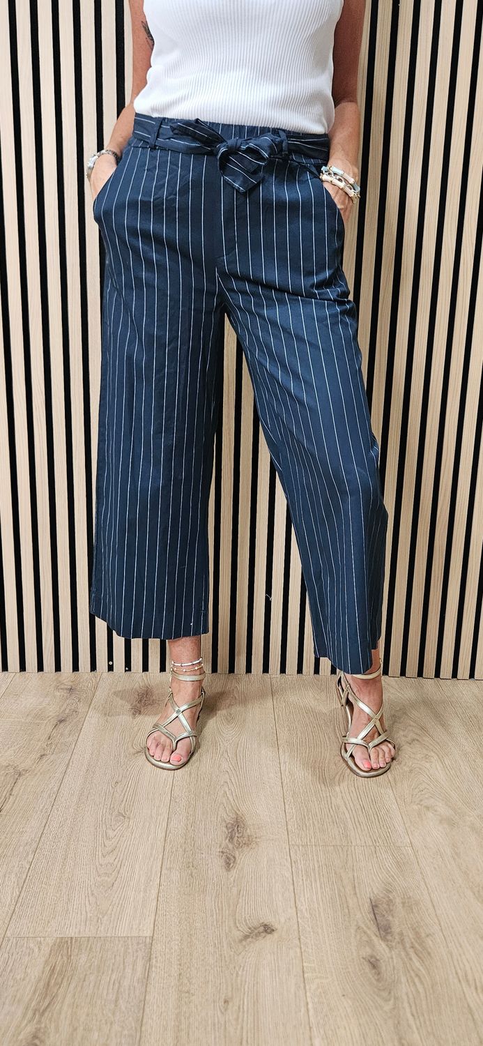 Pinstripe Cotton Crop Trousers - Navy