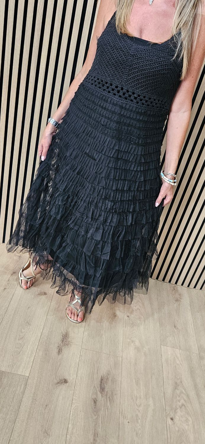 Crochet Bodice Frill Mesh Dress