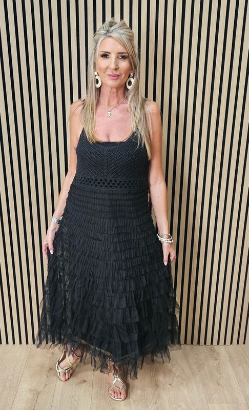 Crochet Bodice Frill Mesh Dress