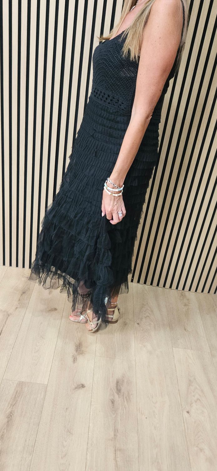Crochet Bodice Frill Mesh Dress
