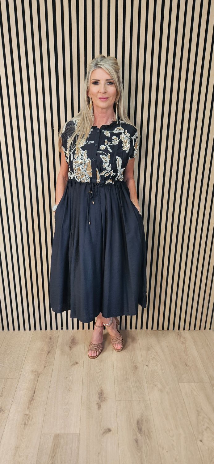 FLY OUT Embellished Floral Midi Dress ~ Black