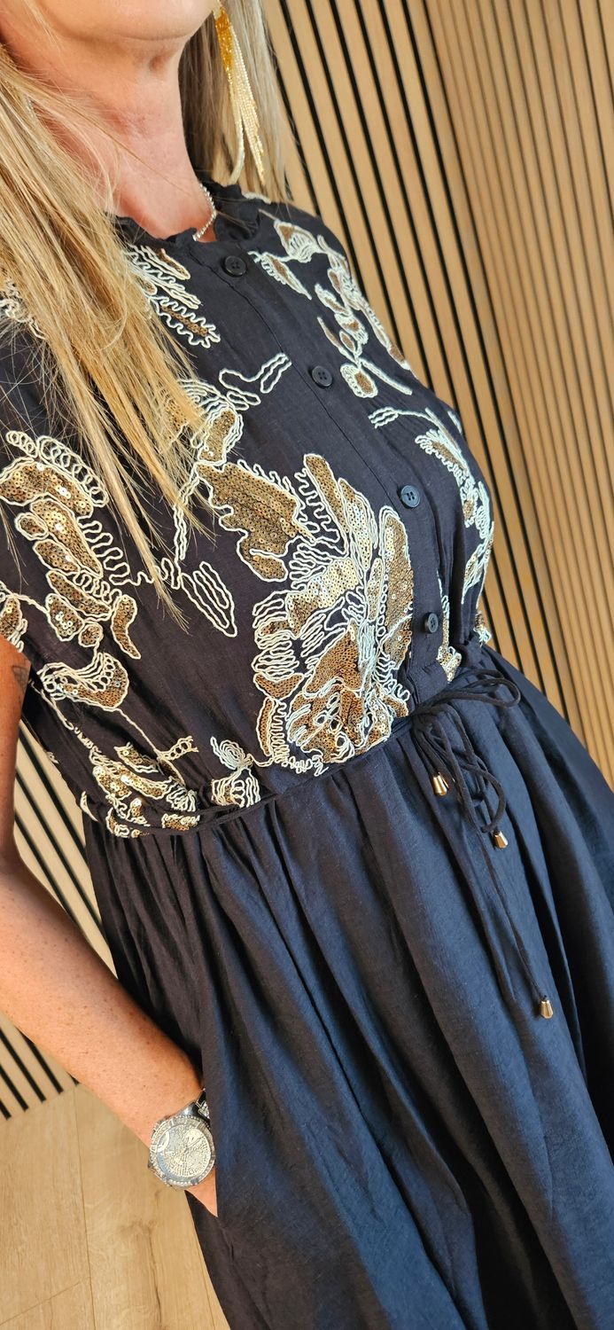 FLY OUT Embellished Floral Midi Dress ~ Black
