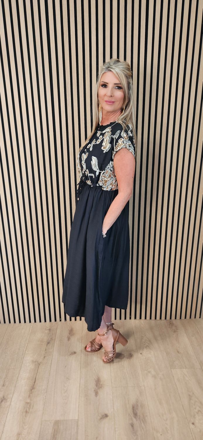 FLY OUT Embellished Floral Midi Dress ~ Black