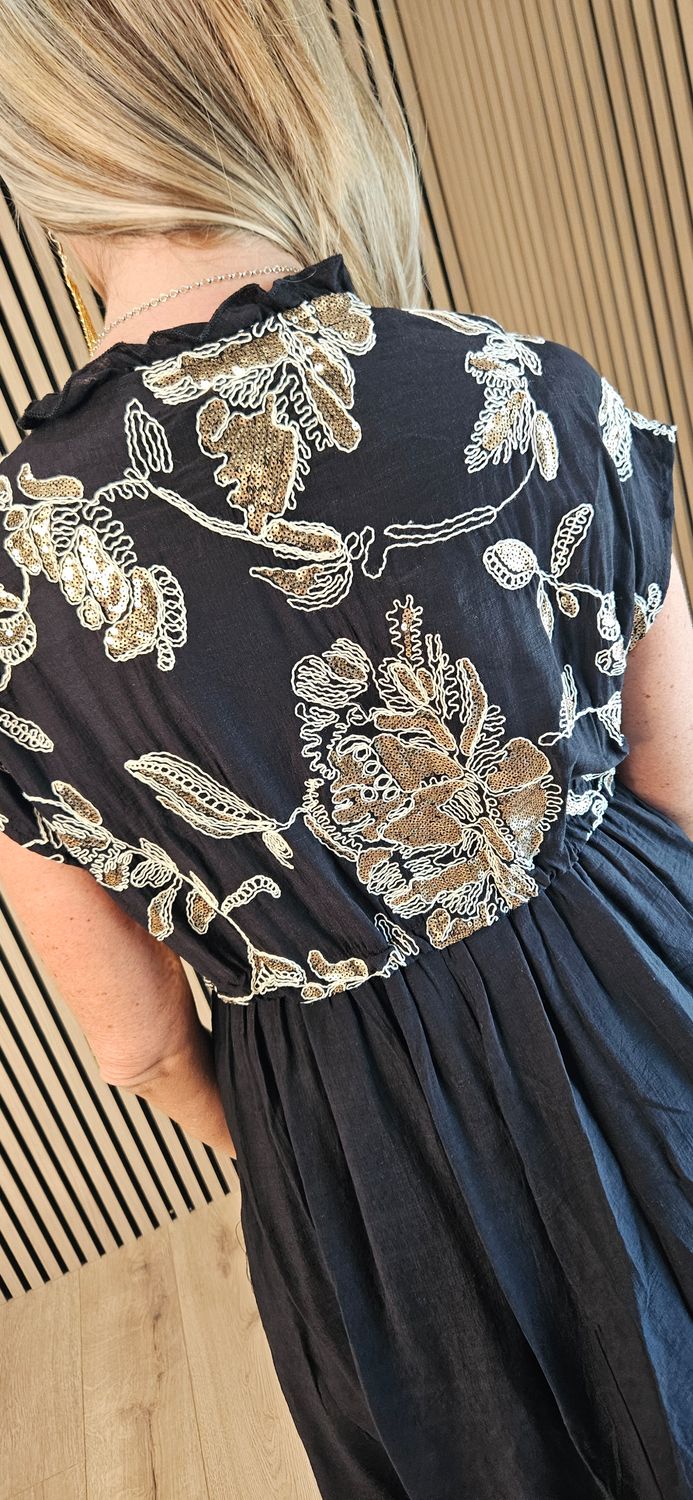FLY OUT Embellished Floral Midi Dress ~ Black