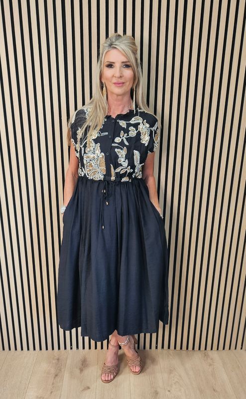 FLY OUT Embellished Floral Midi Dress ~ Black