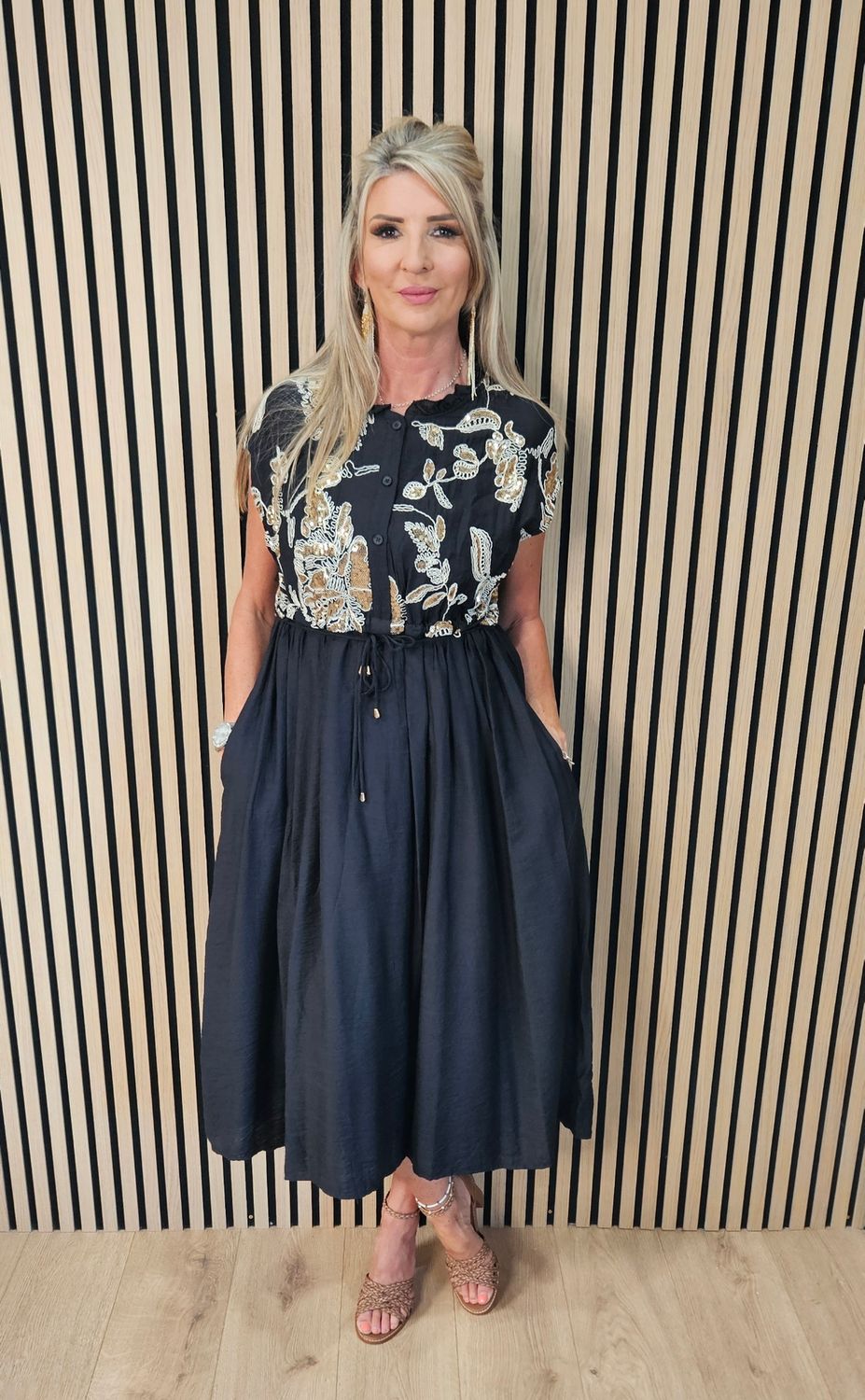 FLY OUT Embellished Floral Midi Dress ~ Black