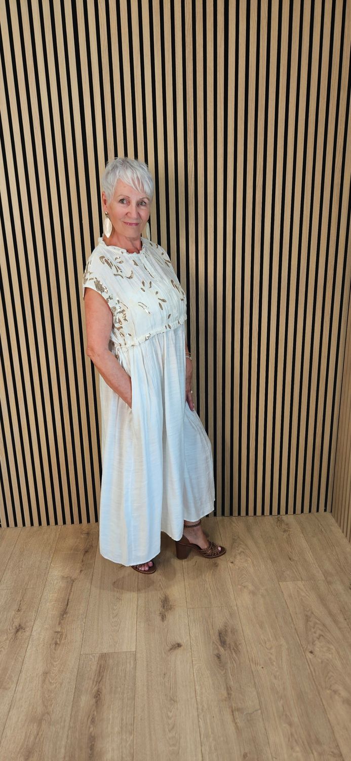 FLY OUT Embellished Floral Midi Dress – Cream